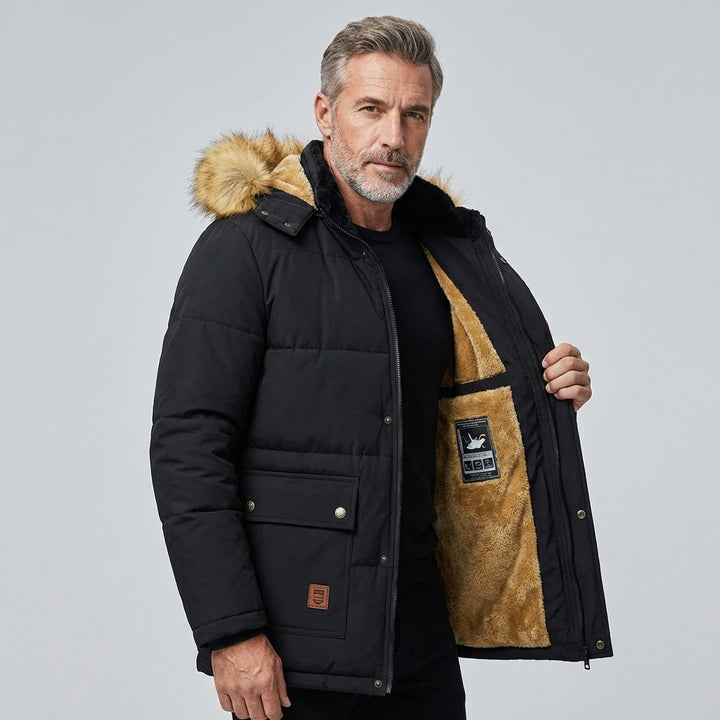 Vinterparka for menn med avtakbar hette