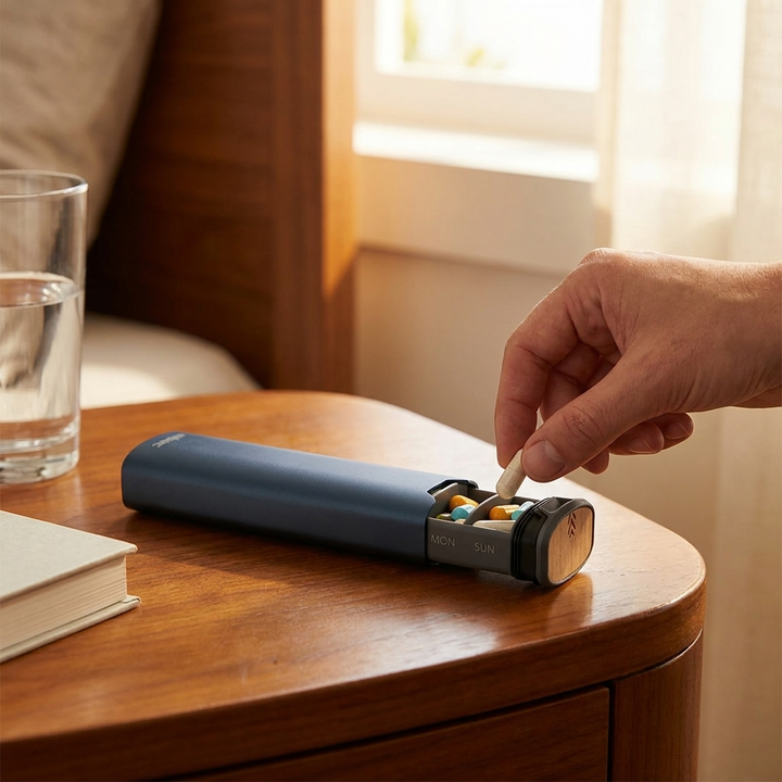 7-Dagers Pilleboks – Stilig Aluminium og Tre Organisator