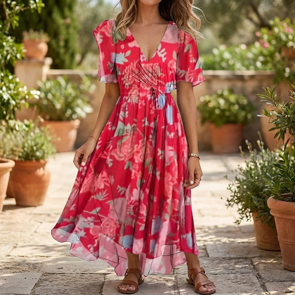 Kvinners stilige blomstrete ruched midi-kjole