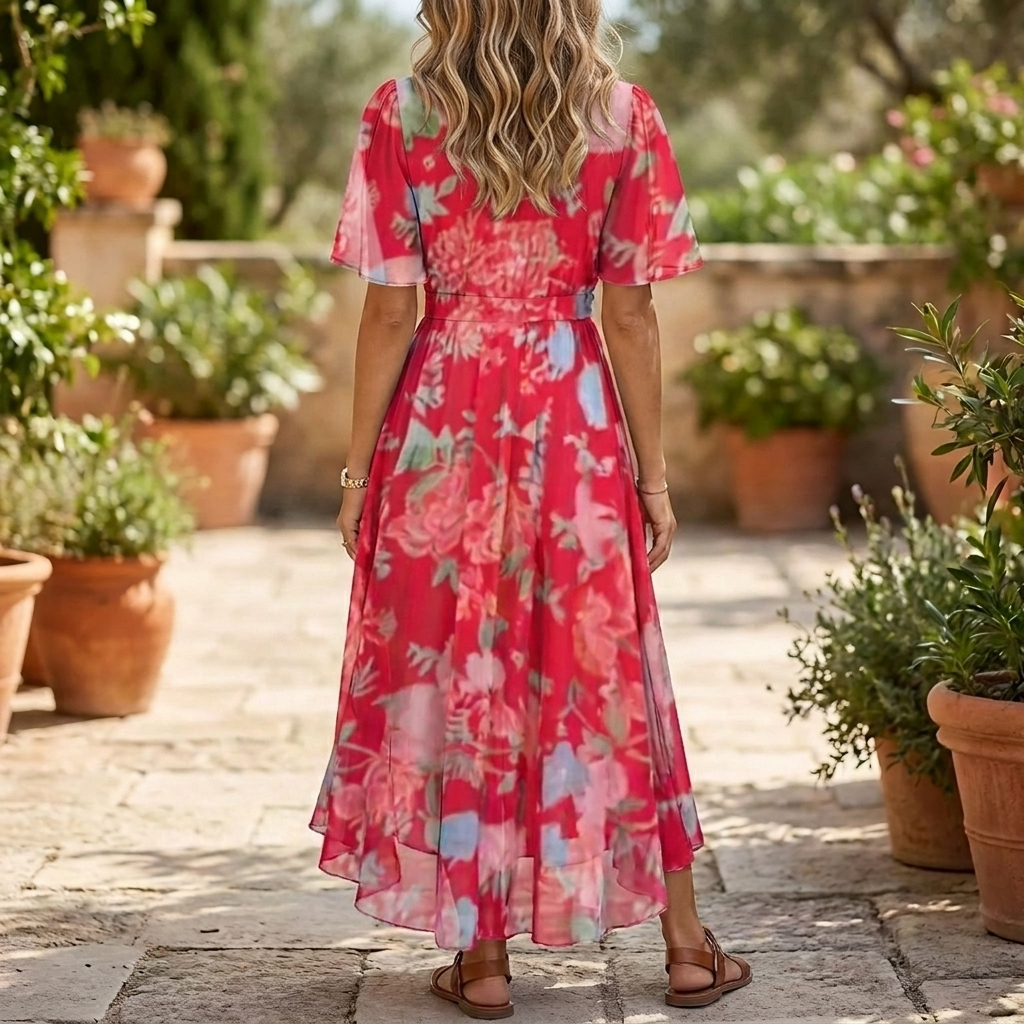 Kvinners stilige blomstrete ruched midi-kjole