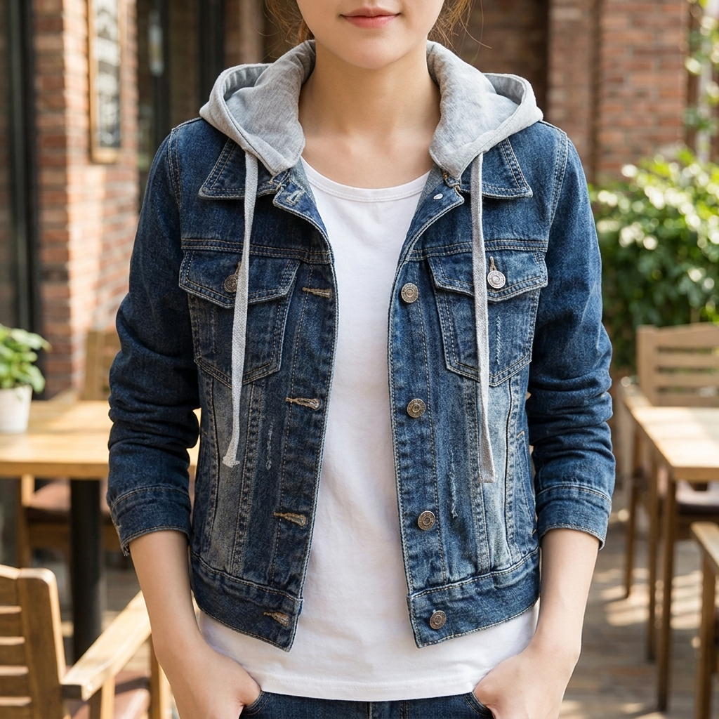Stilig Kort Denim Jakke med Hette for Kvinner