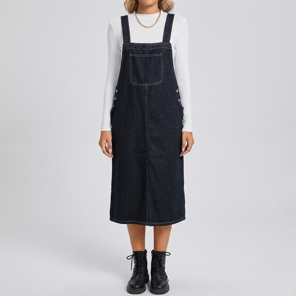 Kvinners Midi Denim Pinafore Kjole