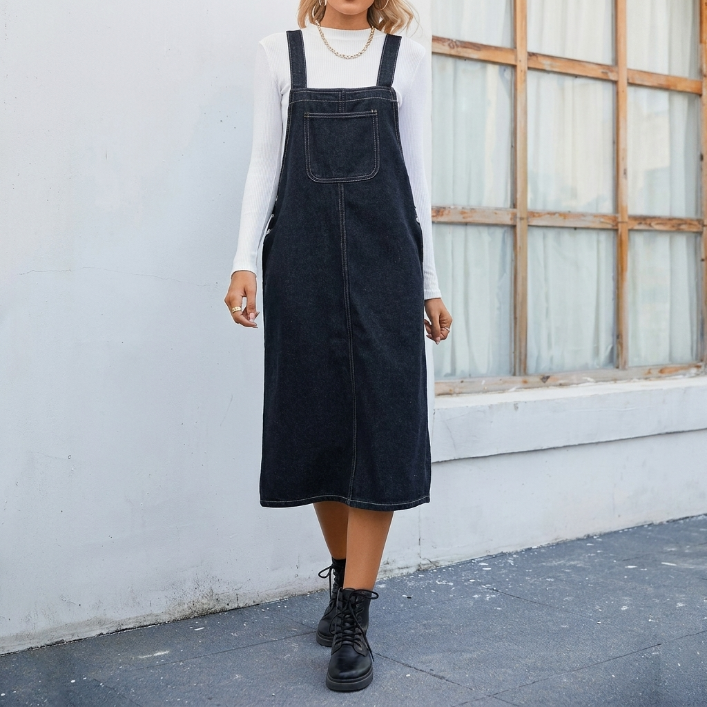 Dame midi denim smekke­kjole