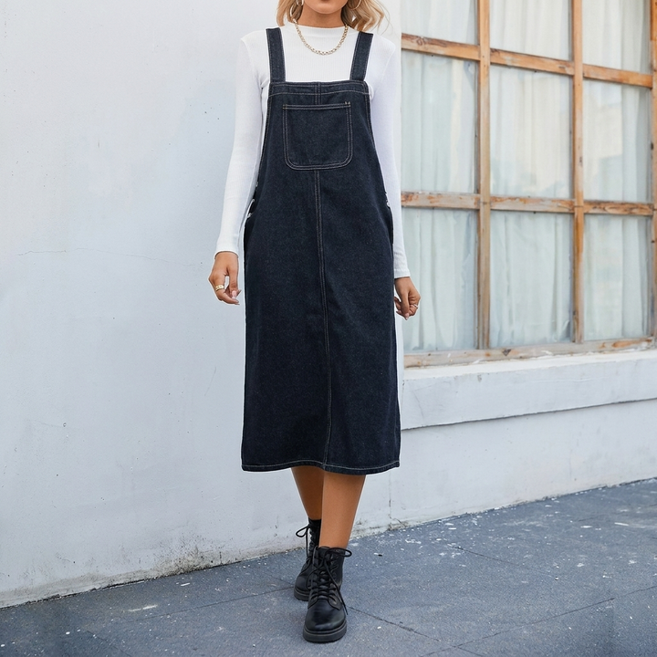 Dame midi denim smekke­kjole