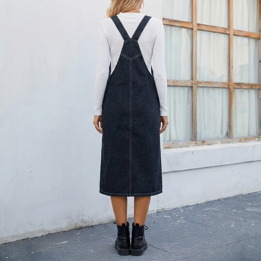 Kvinners Midi Denim Pinafore Kjole