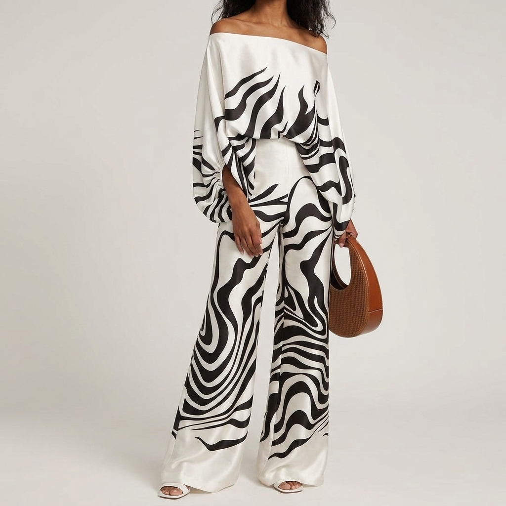 Todelt satengsett for kvinner med off-shoulder-stil