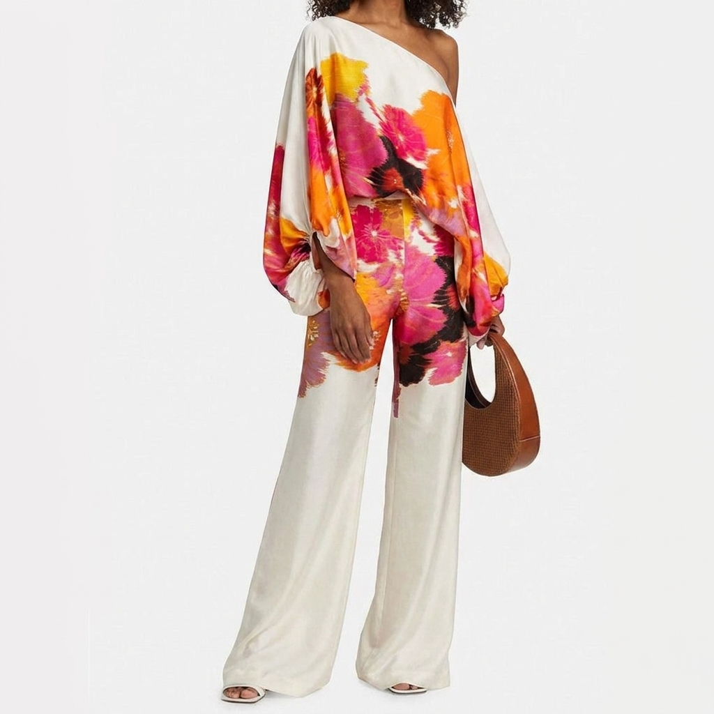 Todelt satengsett for kvinner med off-shoulder-stil