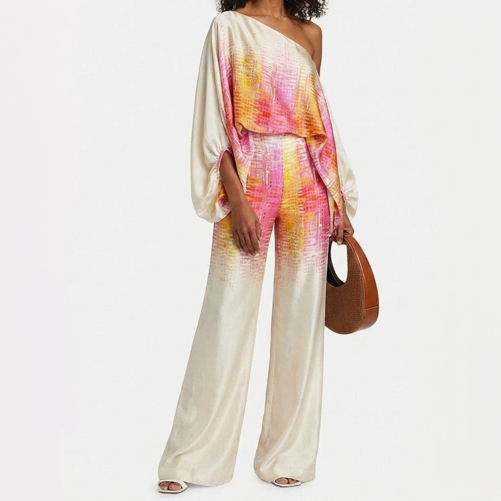 Todelt satengsett for kvinner med off-shoulder-stil