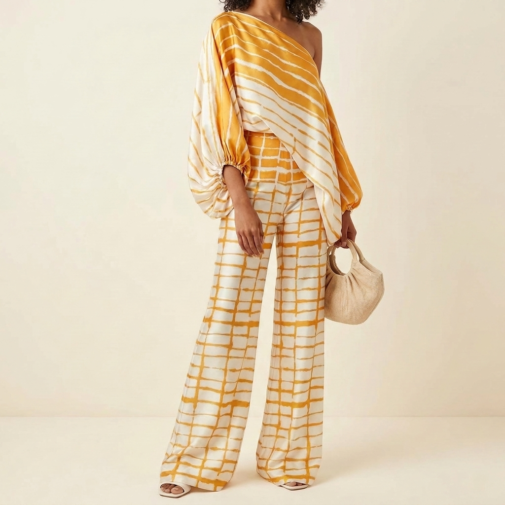 Todelt satengsett for kvinner med off-shoulder-stil