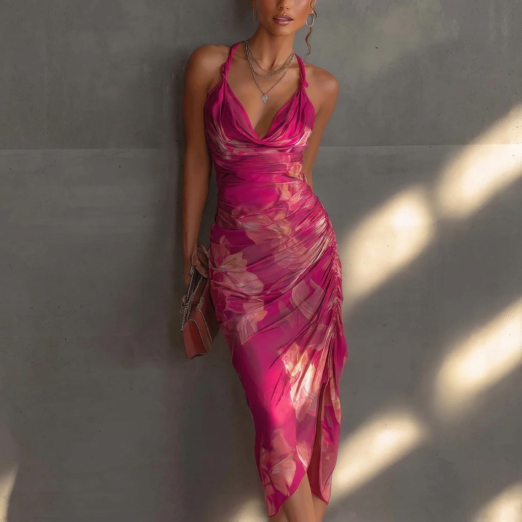 Cowl Hals Blomstrete Pleated Midi Kjole