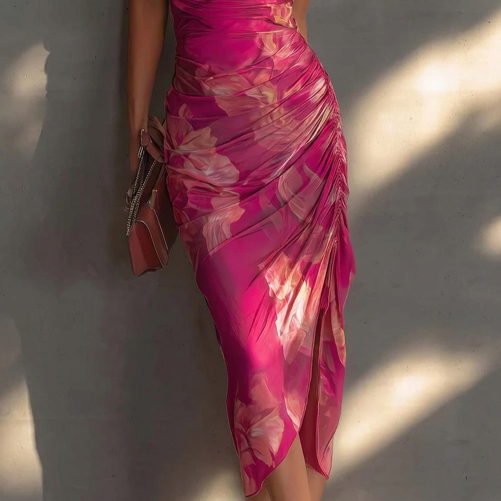 Cowl Hals Blomstrete Pleated Midi Kjole