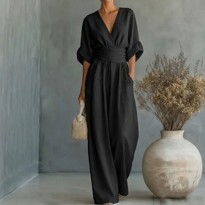 Slankende V-hals jumpsuit