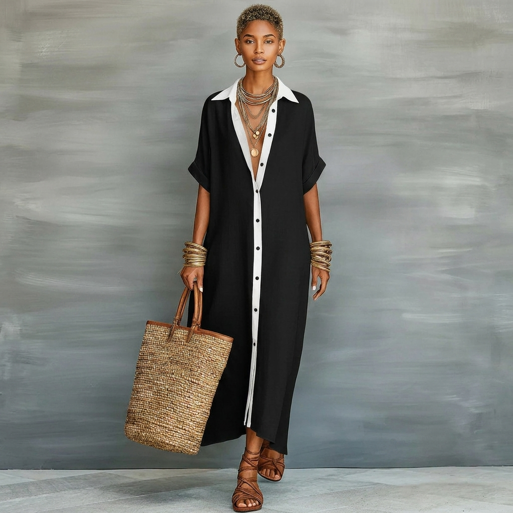 Dame Oversized Knapp Ned Maxi Skjorte Kjole