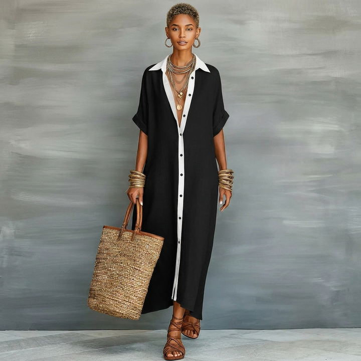 Dame Oversized Knapp Ned Maxi Skjorte Kjole