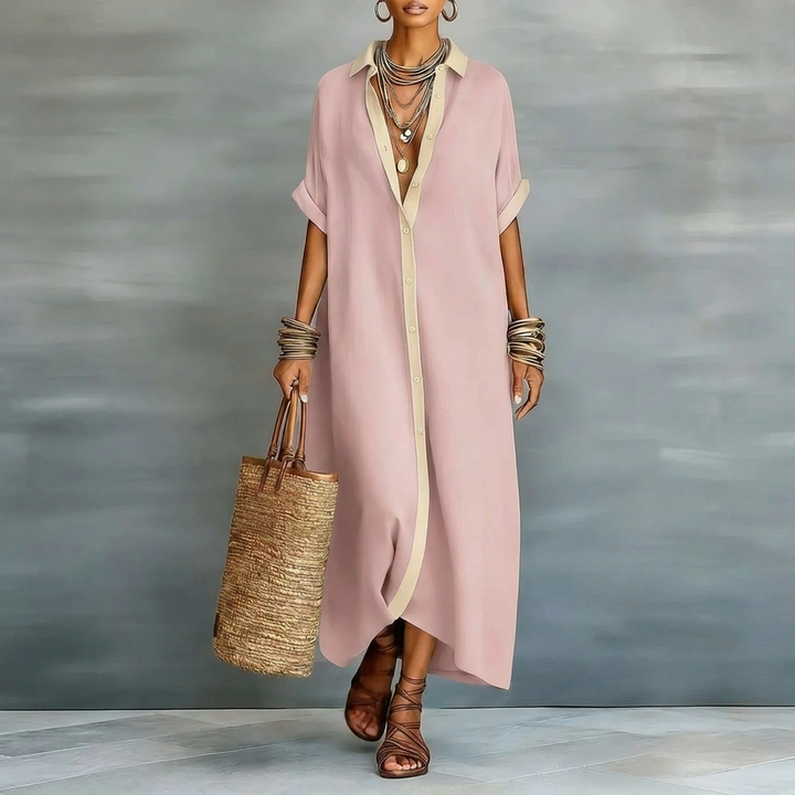 Dame Oversized Knapp Ned Maxi Skjorte Kjole