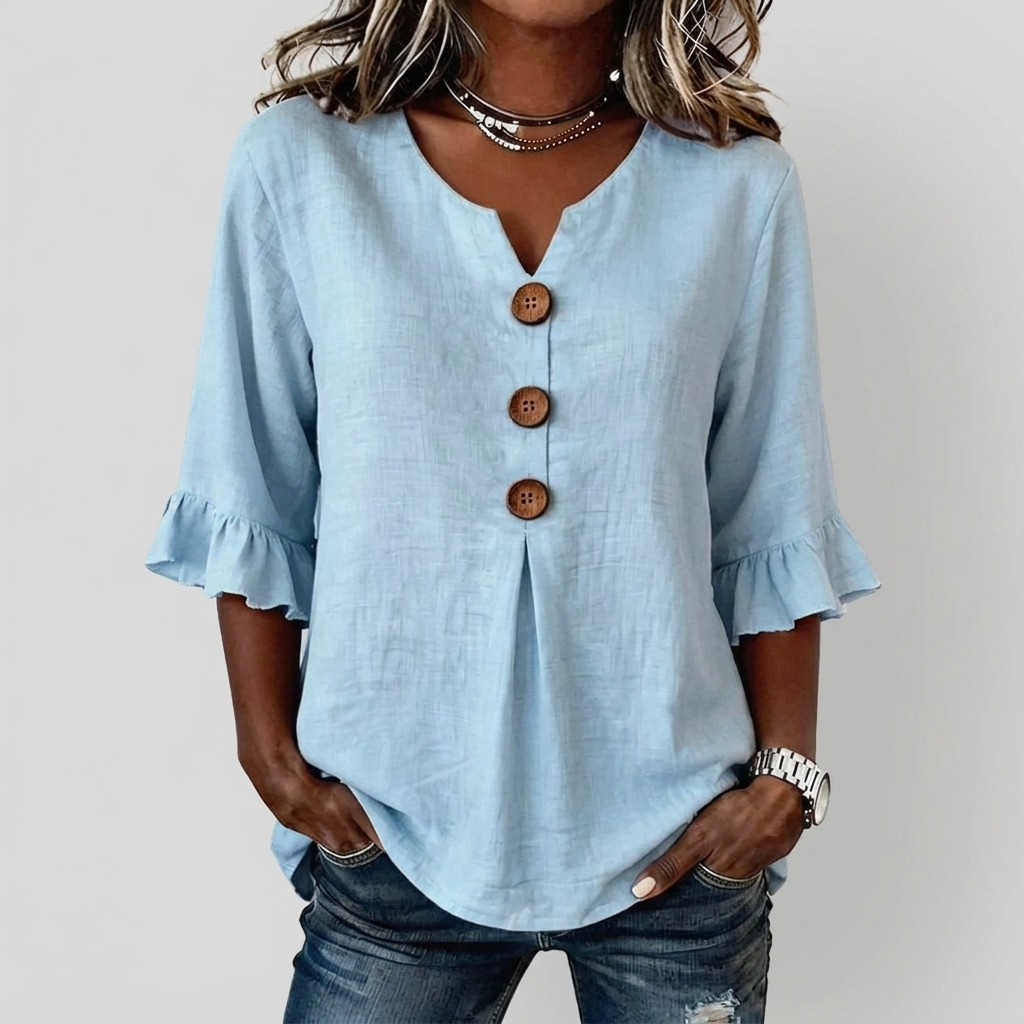 V-Hals Ruffle Ermer Knappe Top