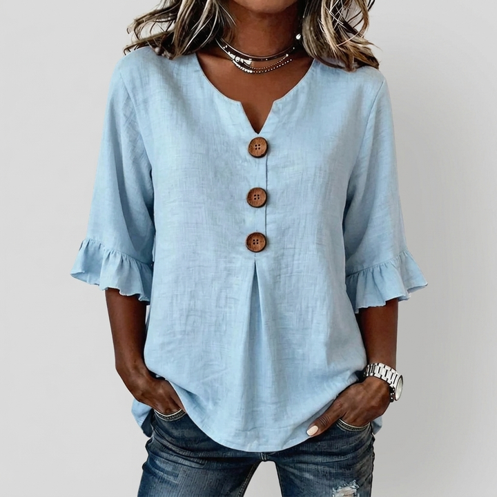V-Hals Ruffle Ermer Knappe Top