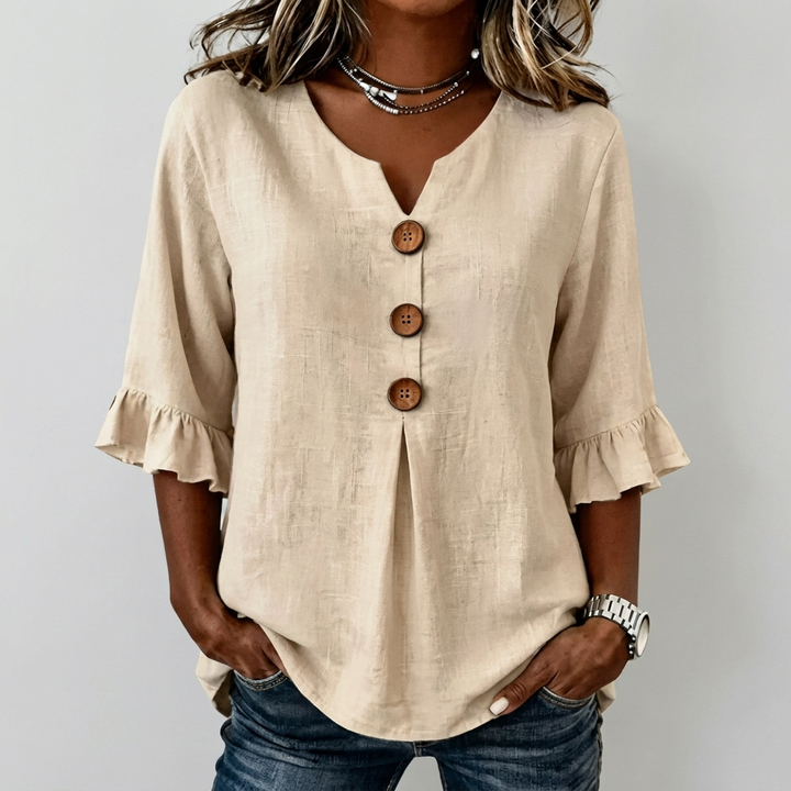 V-Hals Ruffle Ermer Knappe Top