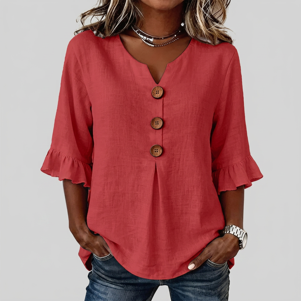 V-Hals Ruffle Ermer Knappe Top