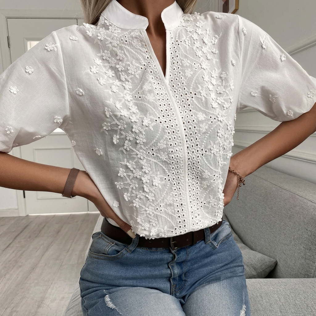 Kvinnes Blomsterbroderi Ståkrage Bluse