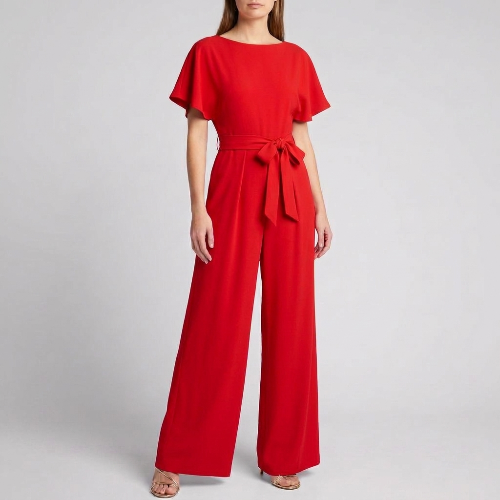Kvinners Kortermet Belte Vid Ben Jumpsuit