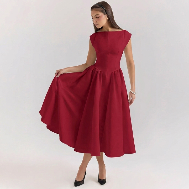 Kvinnes Elegant Høy-Talje Plisserte Midi Kjole