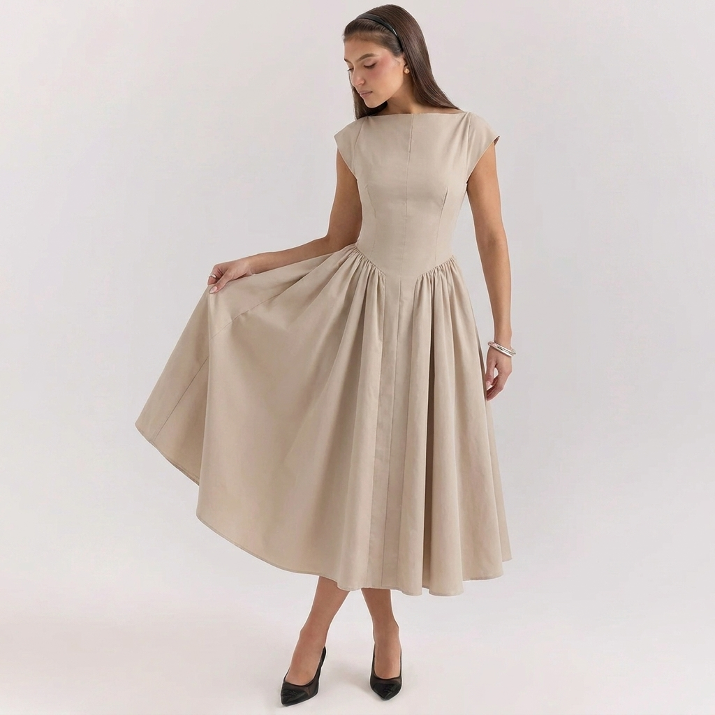 Kvinnes Elegant Høy-Talje Plisserte Midi Kjole
