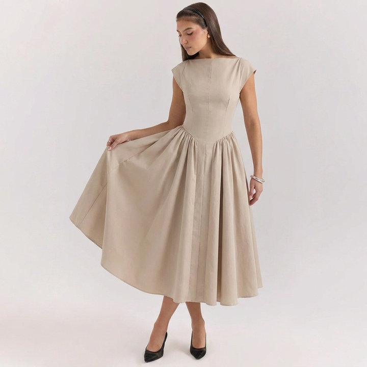 Kvinnes Elegant Høy-Talje Plisserte Midi Kjole