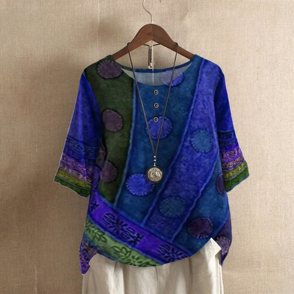 Kvinnes Boho Vintage Digital Trykk 3/4 Erme Top