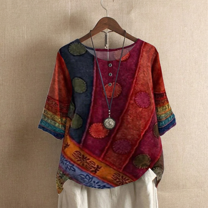 Kvinnes Boho Vintage Digital Trykk 3/4 Erme Top