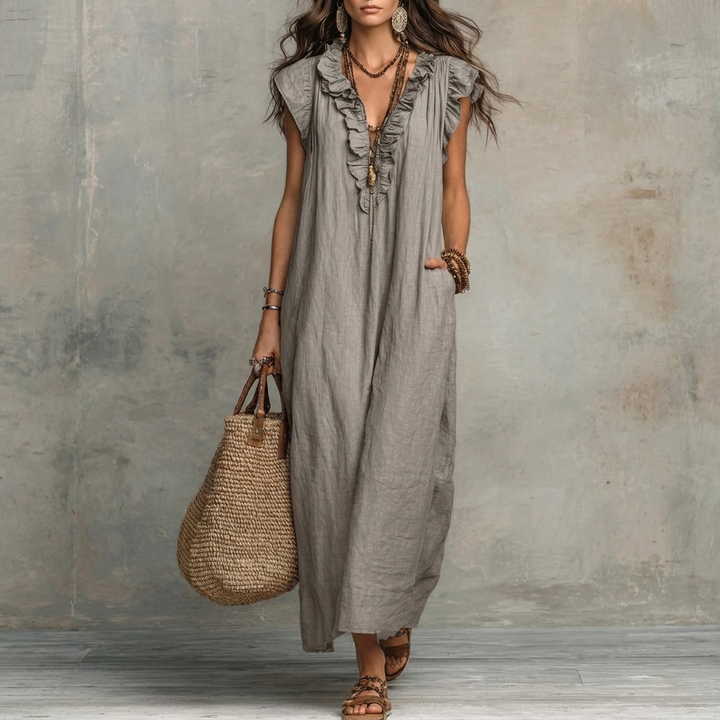 Dame Ruffle V-hals Maxi Kjole