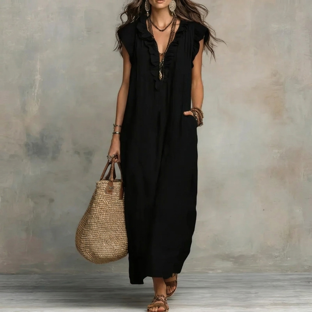 Dame Ruffle V-hals Maxi Kjole