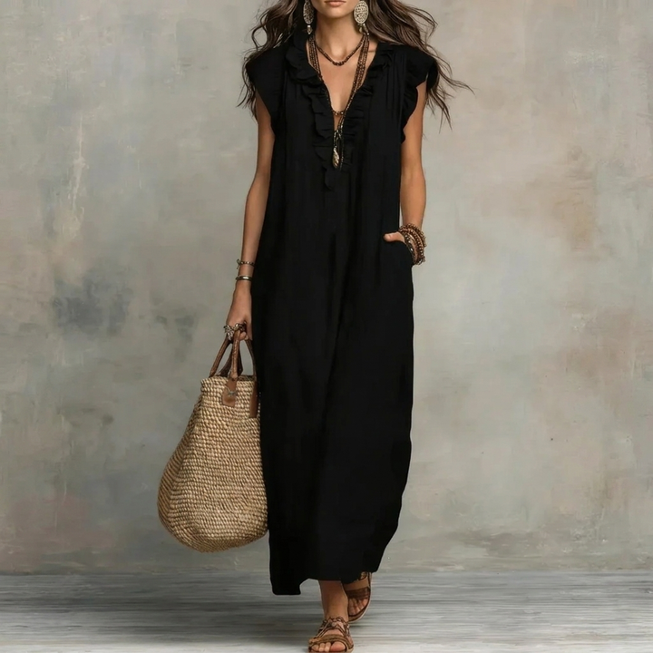 Dame Ruffle V-hals Maxi Kjole