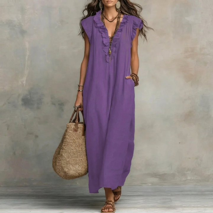 Dame Ruffle V-hals Maxi Kjole