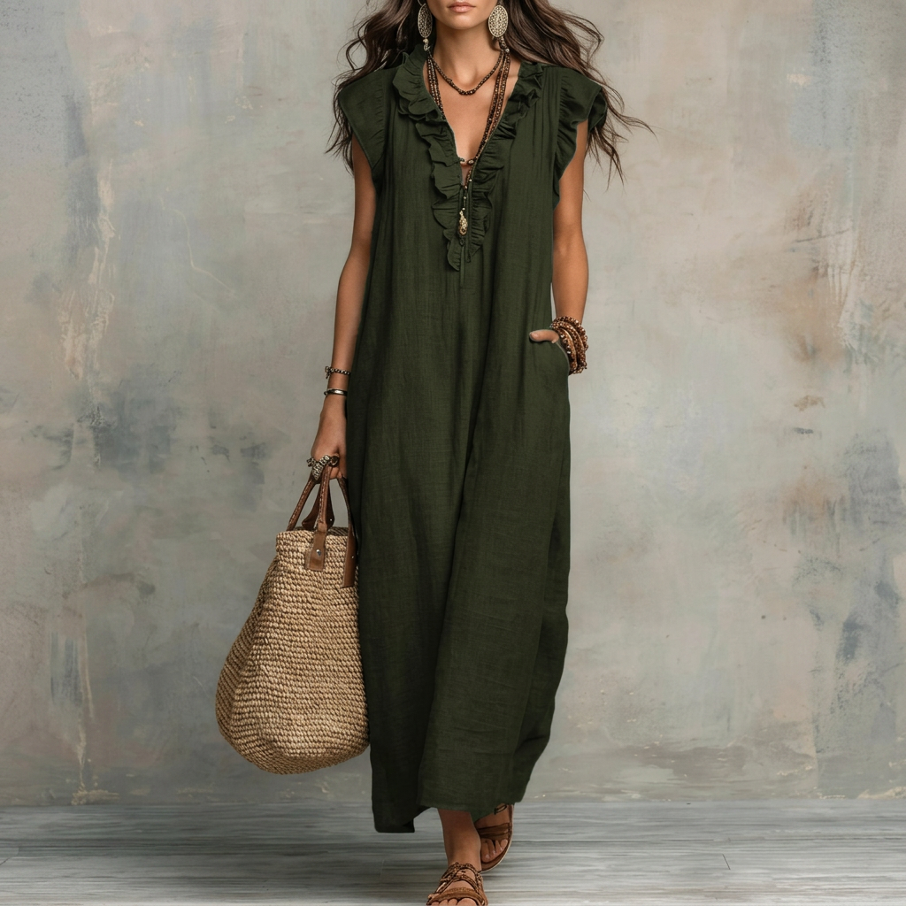 Dame Ruffle V-hals Maxi Kjole