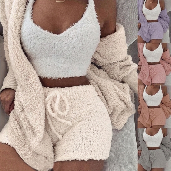 Kvinners 3-delte Pysjamas Sett med Crop Topp og Shorts