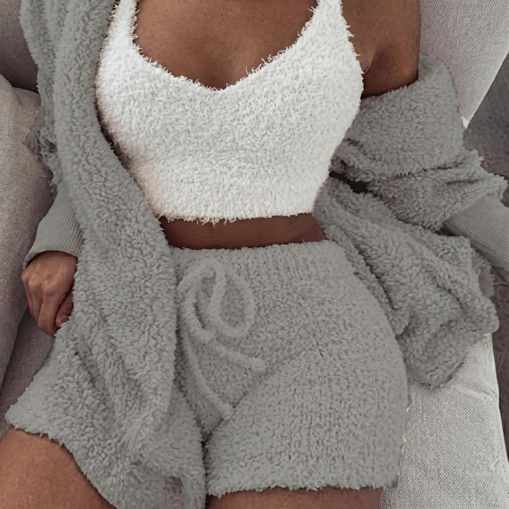 Kvinners 3-delte Pysjamas Sett med Crop Topp og Shorts