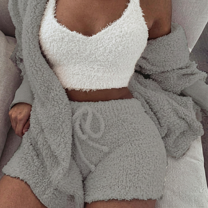Kvinners 3-delte Pysjamas Sett med Crop Topp og Shorts