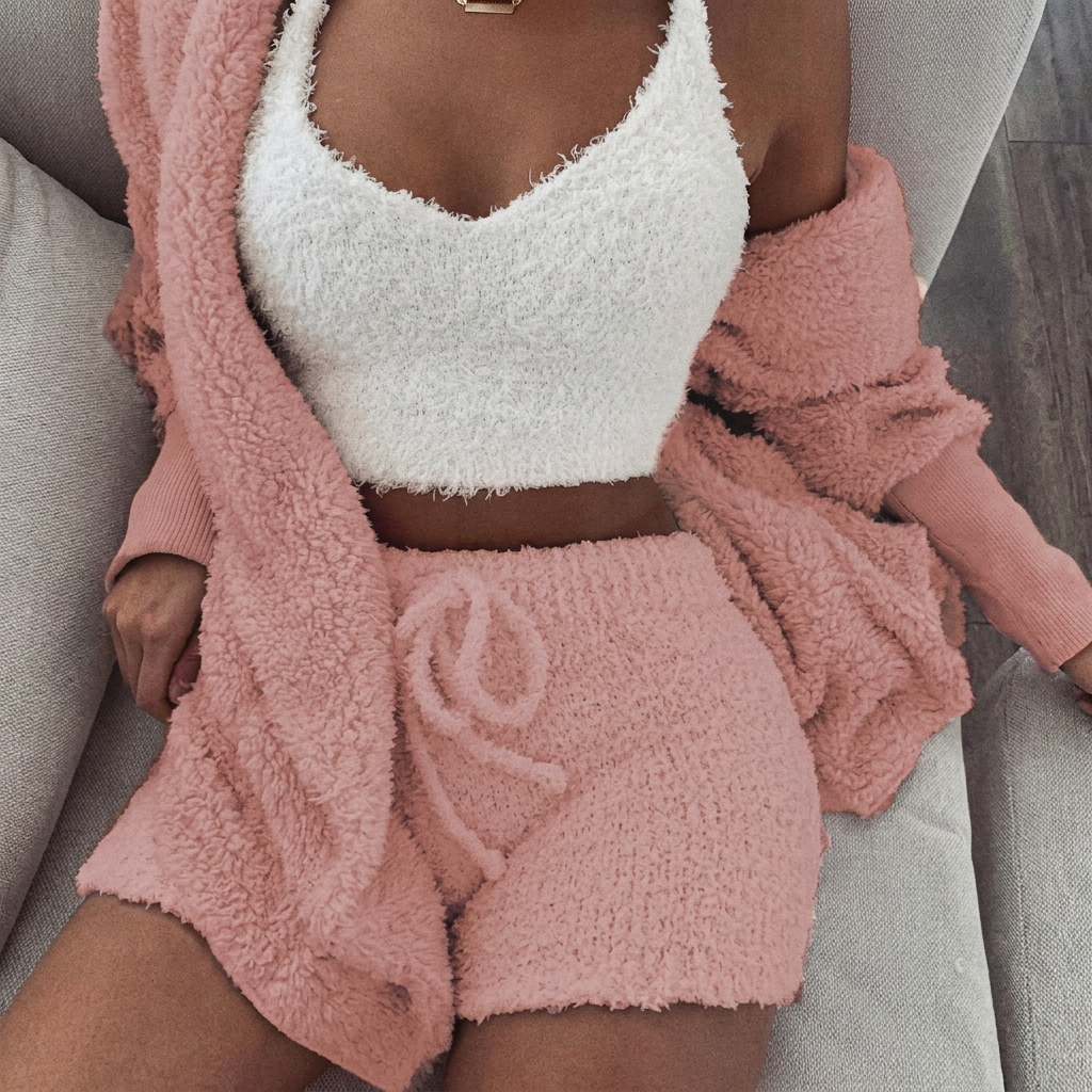 Kvinners 3-delte Pysjamas Sett med Crop Topp og Shorts