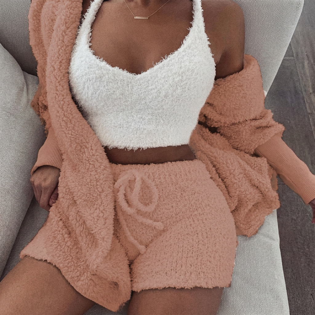 Kvinners 3-delte Pysjamas Sett med Crop Topp og Shorts