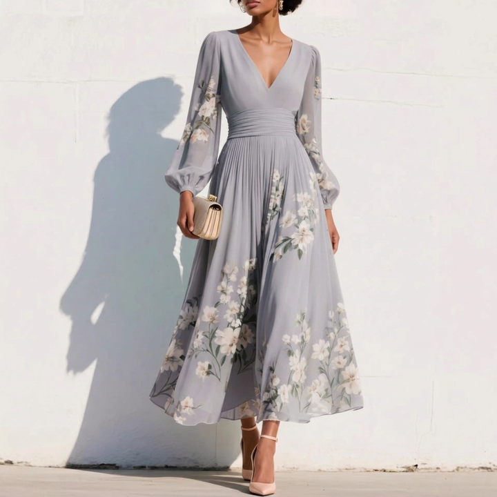 Kvinners Vår Chiffon Pleated Langermet Kjole