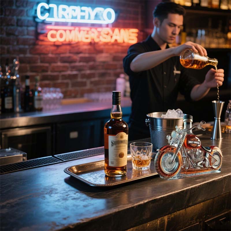 Whiskykaraffel i Form av en Harley-Motorsykkel for Hjemmebar