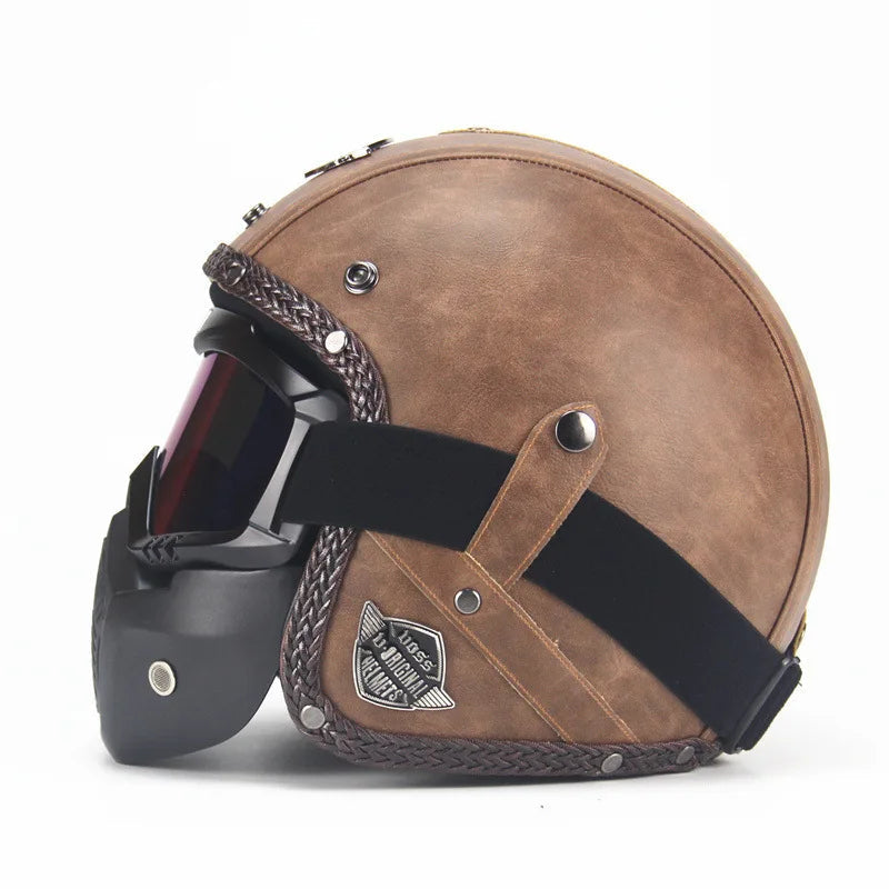 Vintage Åpen Motorsykkelhjelm Retro med Maske og Briller
