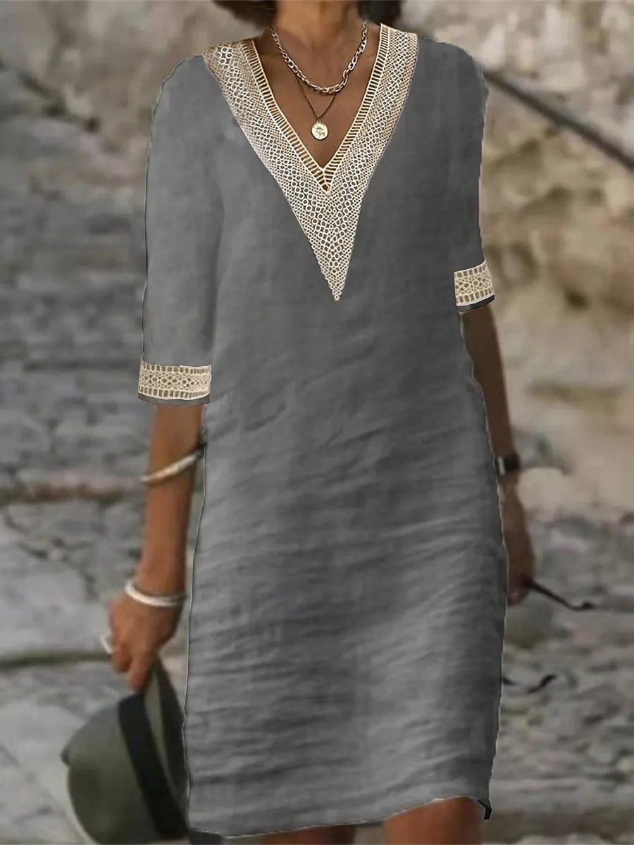 Casual Dress in Linen Blend with Lace Details