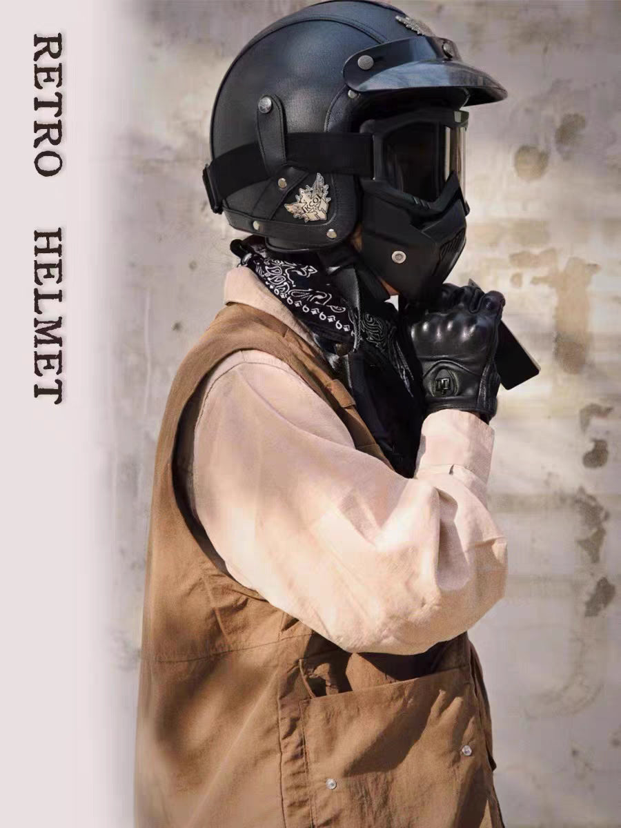 Vintage Åpen Motorsykkelhjelm Retro med Maske og Briller