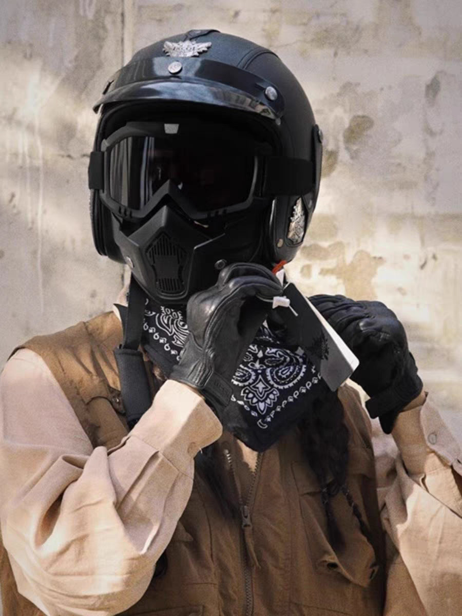 Vintage Åpen Motorsykkelhjelm Retro med Maske og Briller