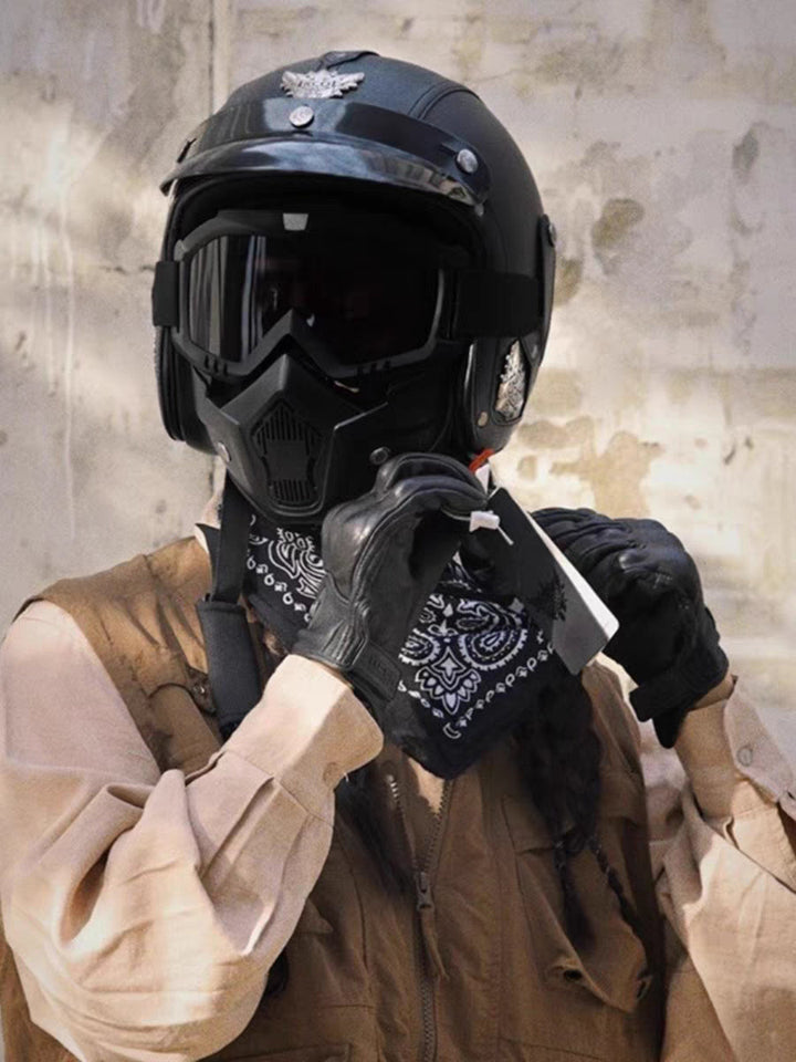 Vintage Åpen Motorsykkelhjelm Retro med Maske og Briller