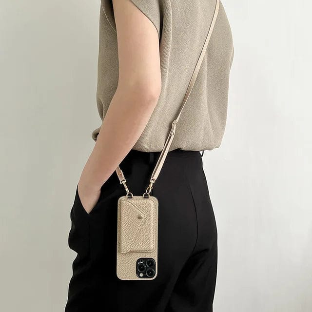Elegant crossbody phone bag in leather with card holder and key strap