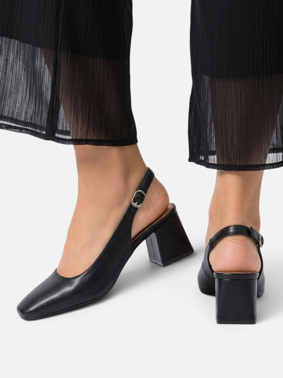 Slingback-pumps i skinn med firkantet tå og blokkhæl