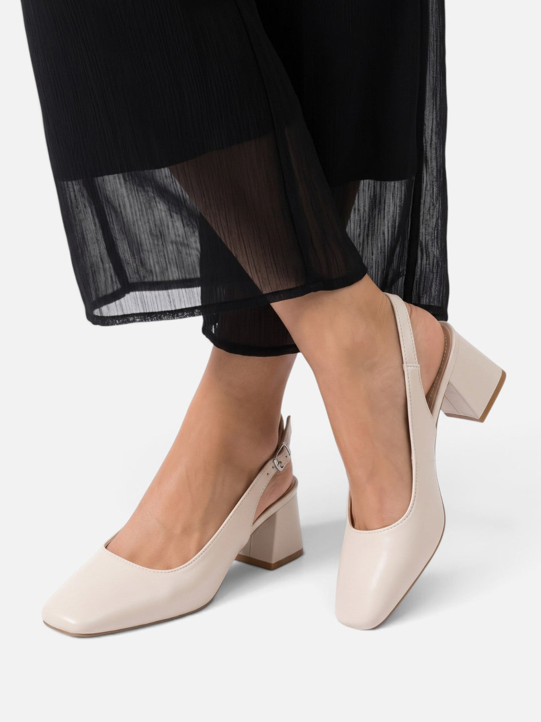 Slingback-pumps i skinn med firkantet tå og blokkhæl